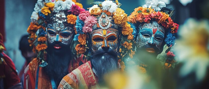 Three South Asian men wearing colorful Chhau masks and flower crowns at a traditional festival in India Celebrating culture, heritage, and artistry