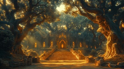 Fototapeta premium A mystical forest with ancient trees and a grand stone archway leading to an enchanted temple bathed in golden light