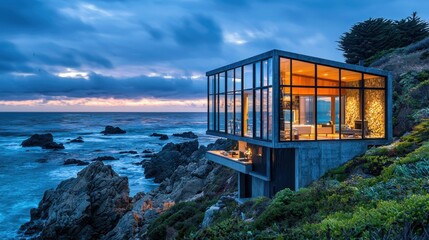 Fototapeta premium Modern glass house on a cliff overlooking ocean at sunset.