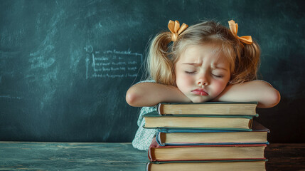 Little girl resting her head on books at a school desk