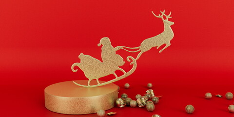  Golden Glitter Santa Sleigh and Reindeer on Podium with Christmas Ornaments