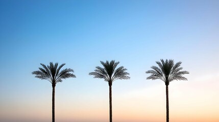 Obraz premium Three Silhouetted Palm Trees Against a Sunset Sky