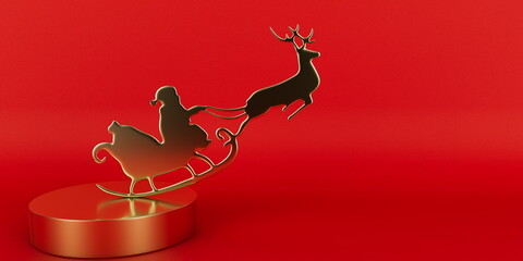 Golden Santa Sleigh and Reindeer on Podium with Red Background