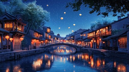 Obraz premium Night scene of illuminated canal-side buildings, bridge, and hot air balloons.