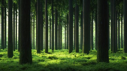 Obraz premium Sun Dappled Forest: Lush Green Canopy and Tranquil Woodland Setting