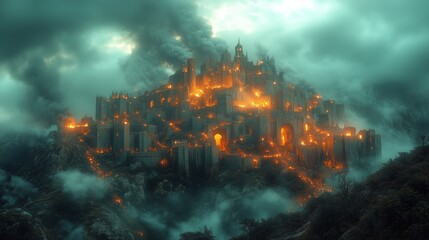 Fototapeta premium A grand castle engulfed in flames with smoke billowing into a stormy sky as the surrounding landscape is illuminated by an eerie glow