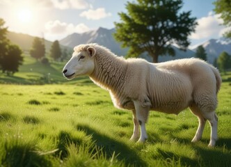 Fototapeta premium Fluffy white sheep peacefully grazing on lush green meadow under sunlight, farm, livestock, nature
