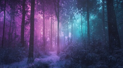 Fototapeta premium Magical snowy forest path at night with pink and blue light.