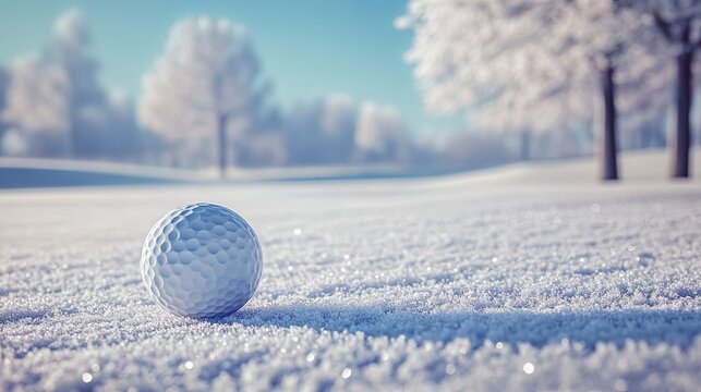 Golf ball on snowy landscape with frosty trees in winter afternoon light - Powered by Adobe