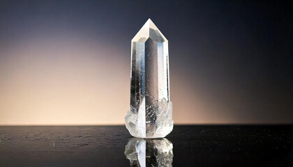A single clear quartz crystal tower with sharp edges, standing upright on a mirrored surface, creating soft reflections and a blurred neutral background.