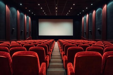 Fototapeta premium Empty red velvet theater seats facing large screen in dimly lit auditorium.