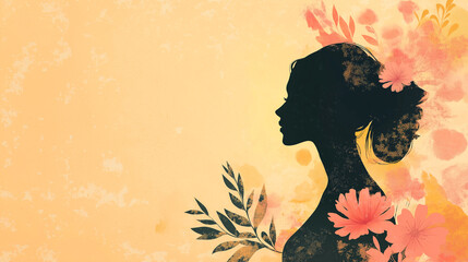 Imagem ilustrada com perfil feminino para o Dia das Mulheres, com folhas em tons pastéis, celebração delicada e inspiradora