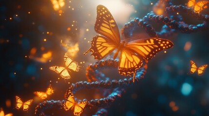 Dreamlike depiction of DNA strand transforming into glowing butterfly intricate molecular texture hyper realistic rendering vibrant color palette cinematic lighting perfect anatomy ultra detailed 8k