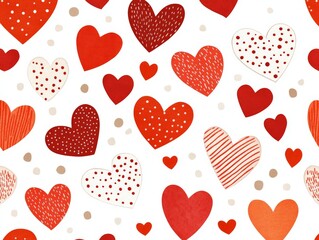 Seamless pattern of hand drawn red hearts on white background symbolizing love romance and affection in charming playful and artistic digital wallpaper design