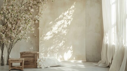 Serene Room Interior Design with Blossoming Branches and Soft Lighting