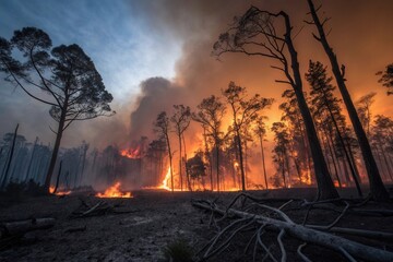 Fototapeta premium Intense forest fire devouring trees under dramatic sky at dusk.