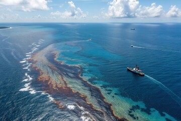 Aerial view of oil spill in deep blue ocean waters with cleanup ships.