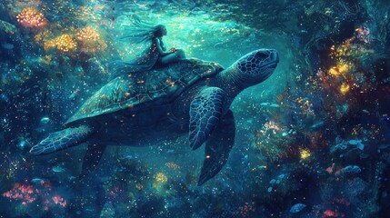 Woman riding giant sea turtle underwater.