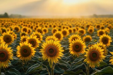 Fototapeta premium A vast field of sunflowers stretches to the horizon, bathed in the warm, golden light of the setting sun, creating a breathtaking and serene rural landscape.