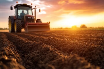 Fototapeta premium Tractor plowing field at sunset with rich soil and vibrant sky.