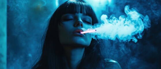 Young woman with dark hair and bangs exhales smoke from a futuristic, glowing pink cigarette in a dark, bluelit setting Cyberpunk, futuristic, and vaping themes