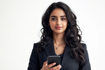 Naklejka premium Indian or arabic woman in business suit holding cellphone looking at camera Happy young middle