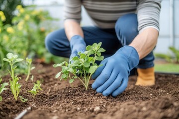 Young adult caucasian male gardening: planting green seedlings with blue gloves in spring garden.