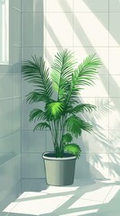 Fototapeta premium Potted plant stands bathed in sunlight against tiled wall