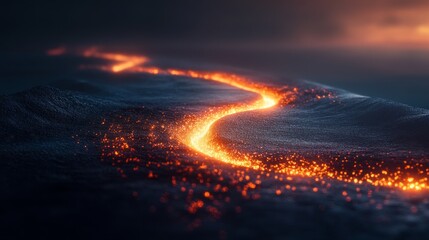 A glowing river of fire flows through a dark landscape