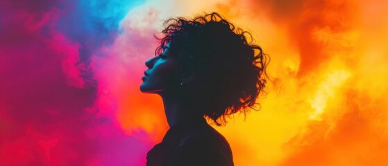 Silhouette of young woman with curly hair against vibrant orange, pink, and blue smoky background Concepts of mystery, dreams, and colorful nightlife