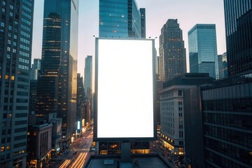 Large blank billboard among skyscrapers in evening cityscape.
