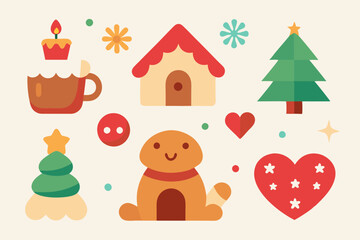 Adorable Christmas Vector Set with Gingerbread, Cookies, and Festive Elements in Kawaii Flat Design