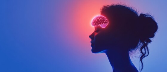Silhouette of a woman with a glowing brain, concept of consciousness, artificial intelligence, psychology, and creativity