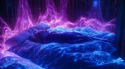 Dynamic 3D rendering of deep sleep cycle featuring glowing wave of blue purple surrounding sleeping figure intricate neural connection cinematic lighting symmetrical alignment ultra detailed texture