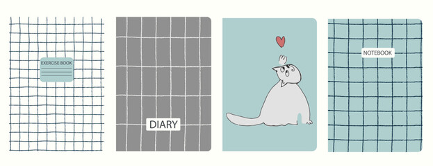 Set of cover page templates with hand drawn cat. Based on seamless patterns. Headers isolated and replaceable. Perfect for notebooks, notepads, diaries, etc