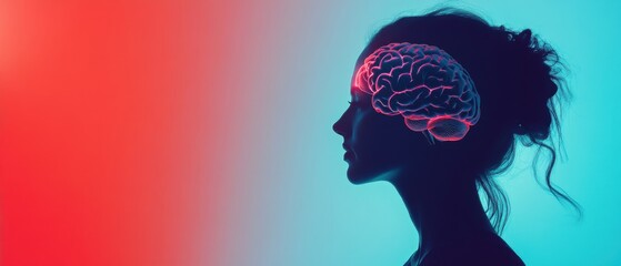Silhouette of a woman with a glowing brain superimposed, representing consciousness, thought, and mental health Concept of psychology, neurology, and artificial intelligence