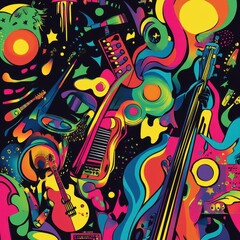 Vibrant and colorful illustration features musical instruments in abstract forms