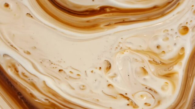 AI-generated video showcasing the swirling motion of cream and caramel blending, highlighting smooth textures and rich colors.
