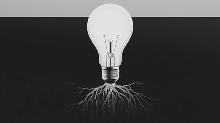 Rooted Light Bulb Emerging From a Solid Black Plane