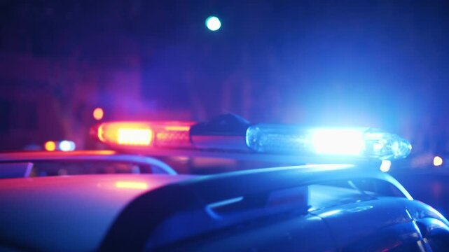 Police lights flash brightly in the foreground as blurred emergency vehicles, including fire trucks and an ambulance, respond in the background