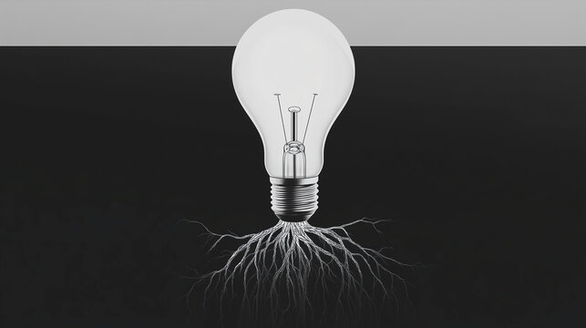 Rooted Light Bulb Emerging From a Solid Black Plane