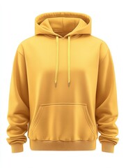 Bright yellow hoodie with drawstrings and front pocket isolated on white background.