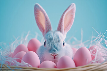 Fototapeta premium Generative AI image of two adorable Easter bunnies holding a pastel egg in a dreamy floral setting