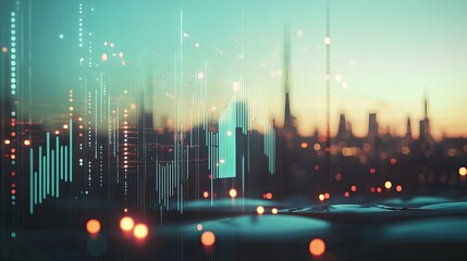 Abstract cityscape with digital data overlay at sunset