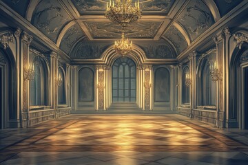 Obraz premium Opulent ballroom interior with chandeliers and checkered floor
