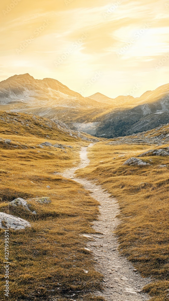 Poster golden hour sunlight illuminates a winding path leading through a meadow of dry grass in a mountain 