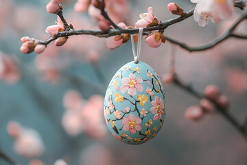 Generative AI image of a beautifully decorated Easter egg ornament with intricate patterns placed on green moss