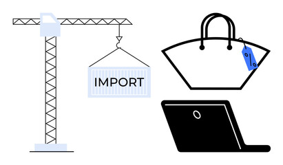 Crane lifting IMPORT container, black shopping bag with blue tag, black laptop. Ideal for import-export, logistics, online shopping, e-commerce, trade retail and digital business concepts. Abstract
