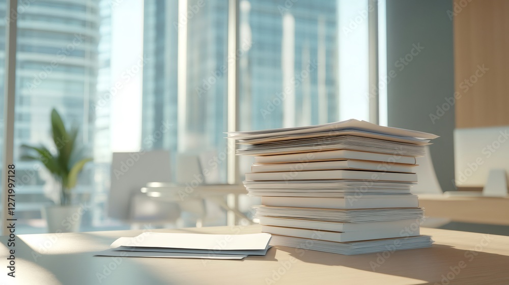 Poster piles of documents on a desk symbolize multitasking and deadline pressure in a modern office. sunlig