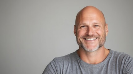 Obraz premium Smiling bald caucasian male adult with beard in grey shirt.